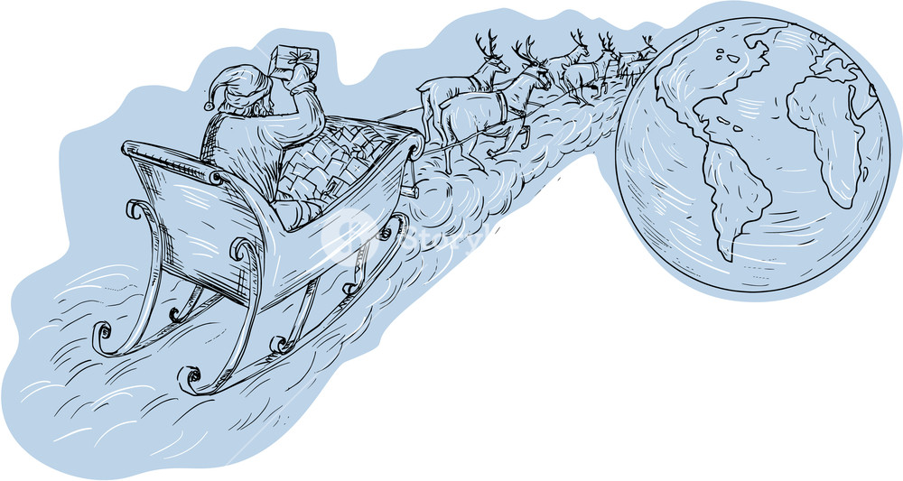 1000x533 Drawing Sketch Style Illustration Of Santa On A Sleigh With - Sleigh Sketch