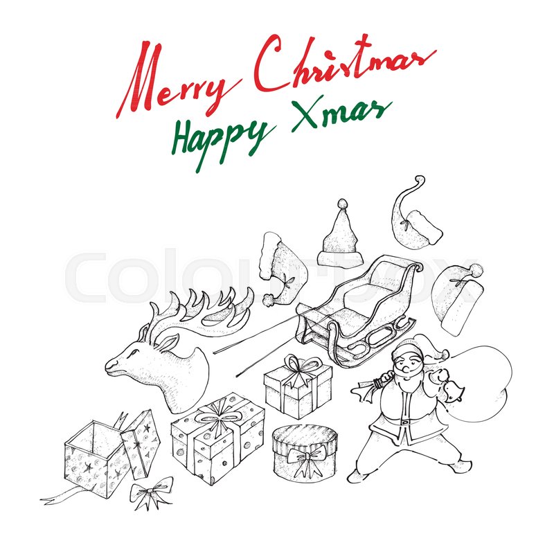 800x800 Illustration Hand Drawn Sketch Of Santa Claus, Reindeer And Sleigh - Sleigh Sketch