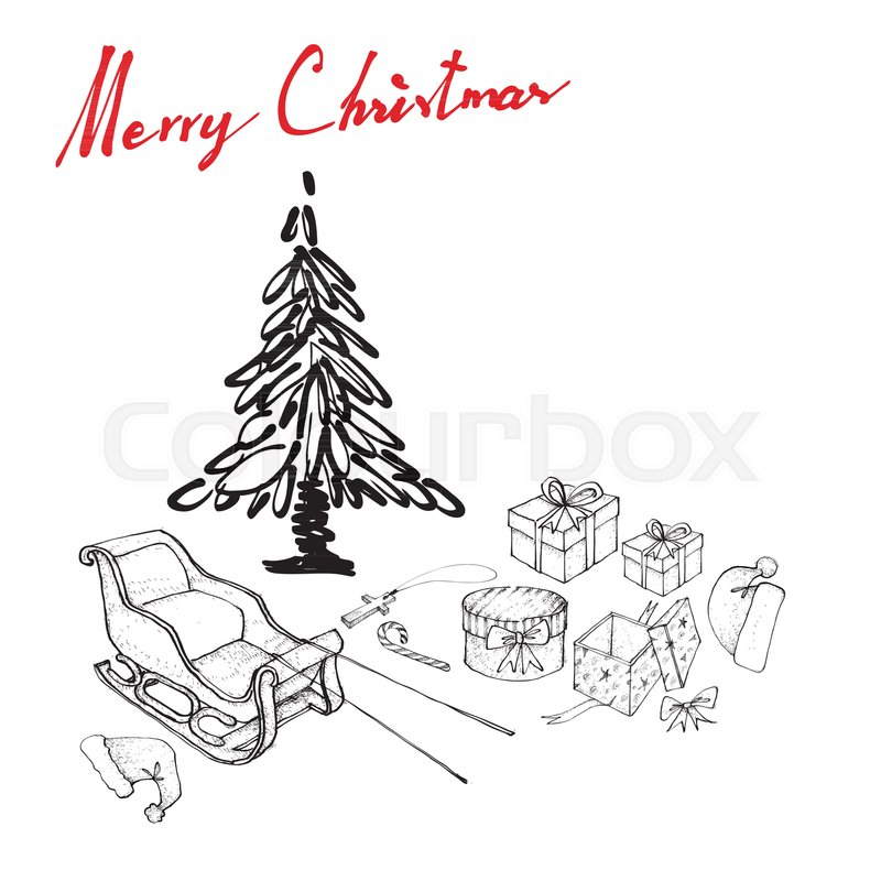 800x800 Illustration Hand Drawn Sketch Of Santa Claus Hat, Reindeer And - Sleigh Sketch