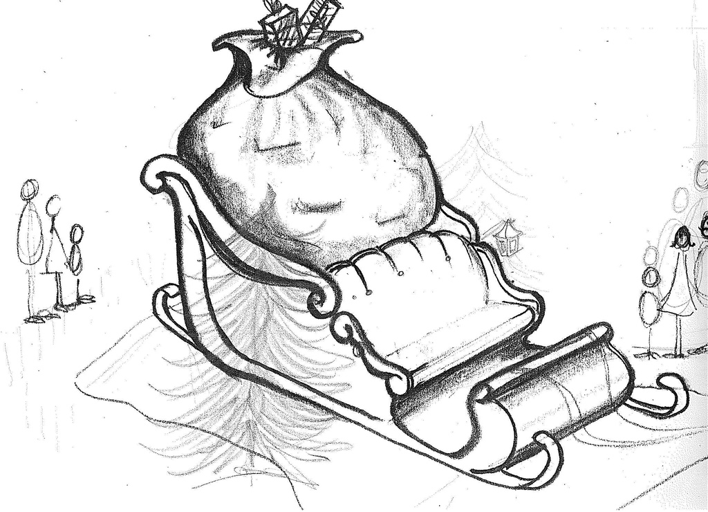 1024x740 Santa Sleigh Bw The Original Design Sketch I Did For The - Sleigh Sketch