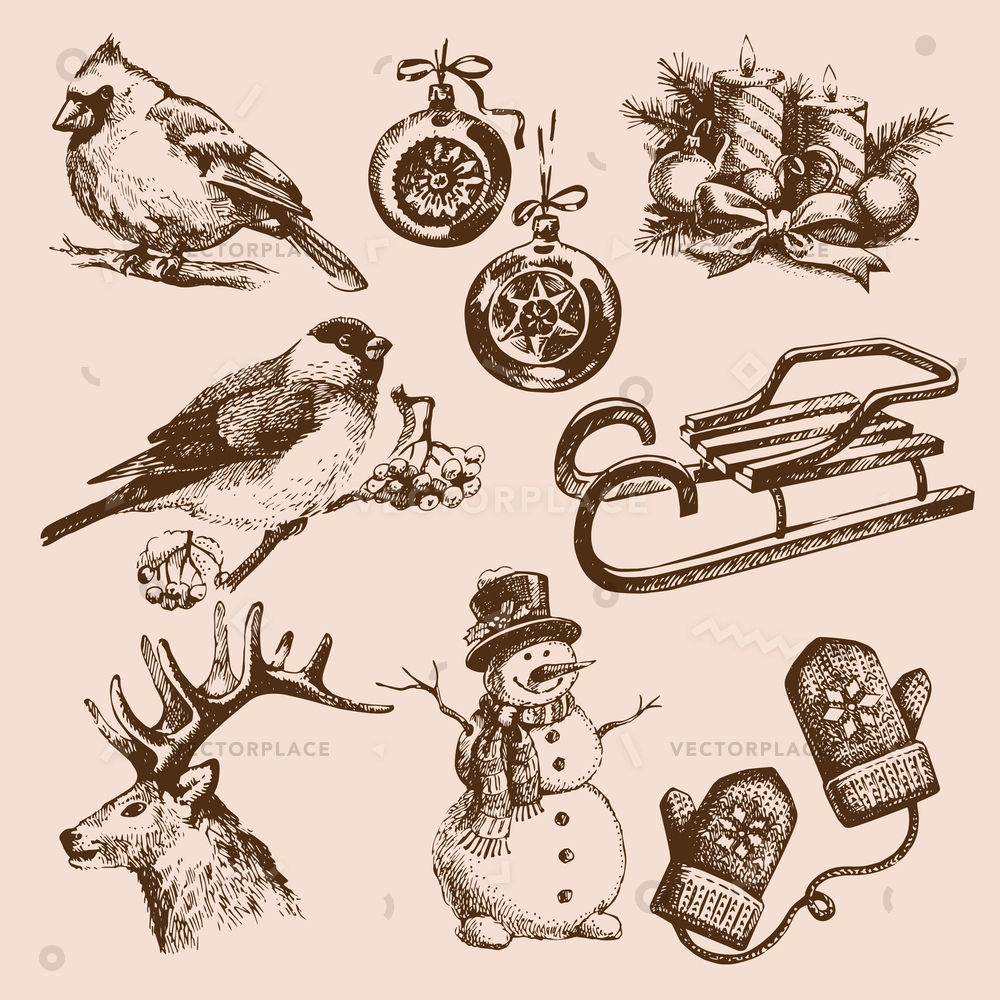 1000x1000 Sketch Christmas Elements Set Birds Deer Vector Illustration 20940 - Sleigh Sketch