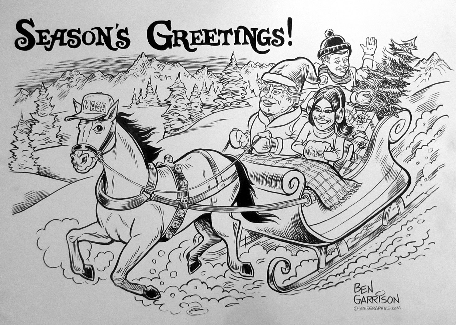 1500x1070 Sleigh Ride Trump Christmas Original Cartoon - Sleigh Sketch