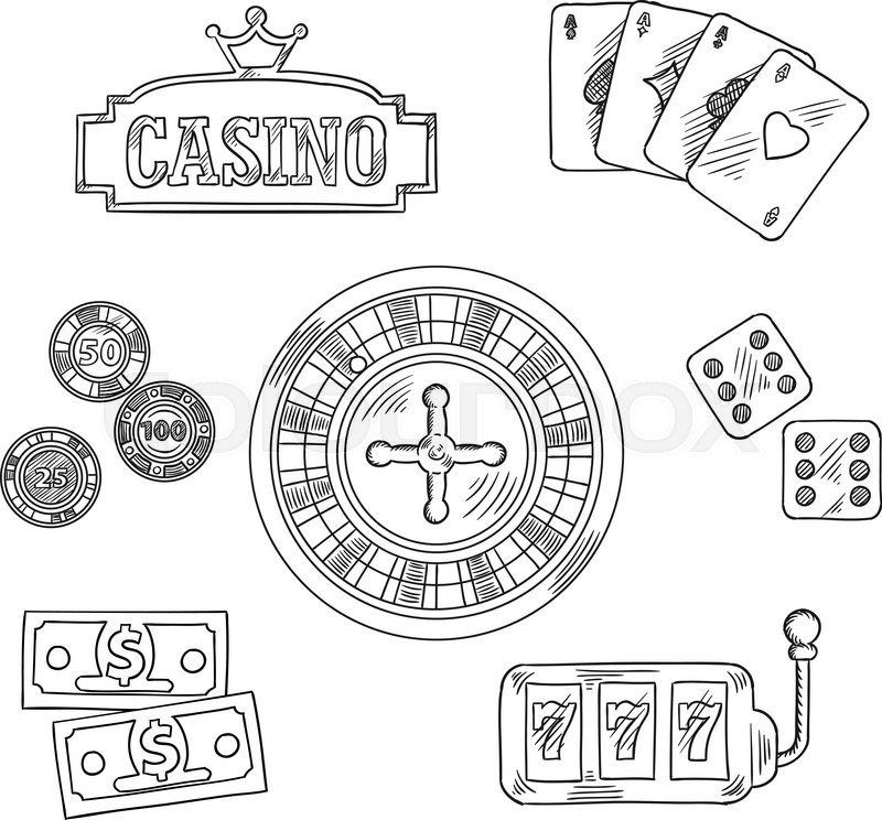 800x744 Casino Sketched Icons And Symbols Of Roulette Wheel, Dice, Playing - Slot Machine Sketch
