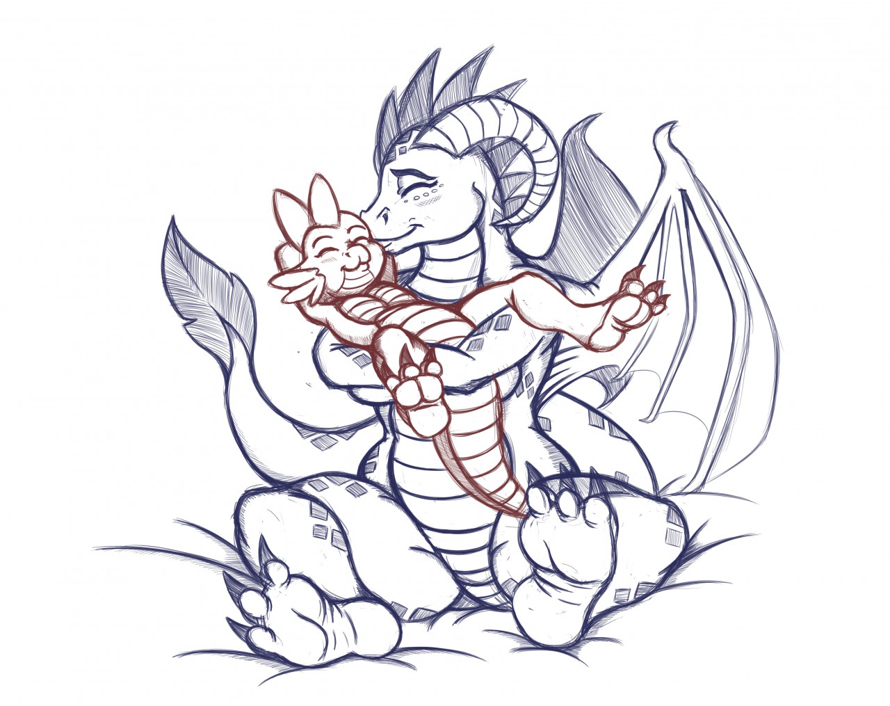 1280x1015 Small Dragon, Big Dragoness (Sketch) By Exelzior - Small Dragon Sketch