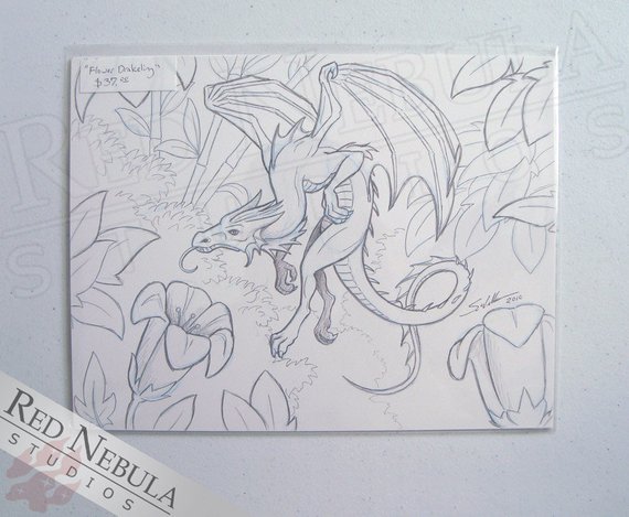 570x469 8.5x11 Tiny Flower Dragon Drawing Original Fantasy Art Small Etsy - Small Dragon Sketch
