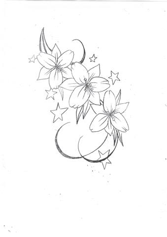 339x480 Small Stars And Lily Flowers Tattoo Design - Small Tattoo Sketches