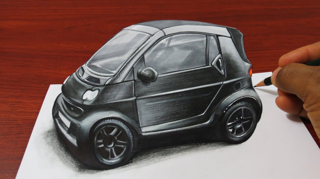 1280x719 How To Draw A 3d Smart Car - Smart Car Sketch