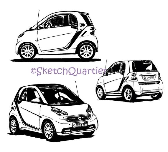 570x518 Smart Car Mercedes Hand Painted Sketch Vector Clipart Svg Etsy - Smart Car Sketch