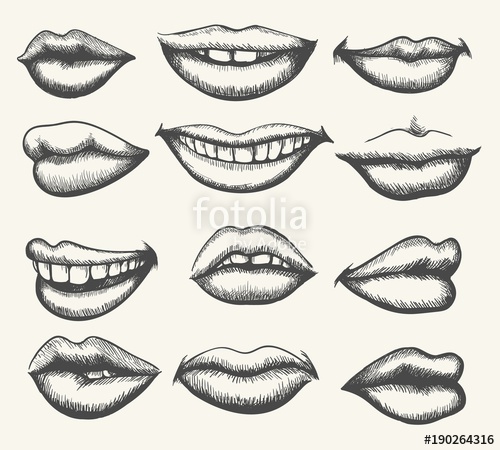 500x450 Lips Engraving. Retro Human Face Lips, Vintage Smiling And Kissing - Smiling Lips Sketch