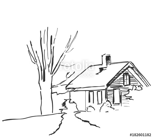500x453 Winter Landscape In The Mountains. A House In The Snow And Tree - Snow Tree Sketch