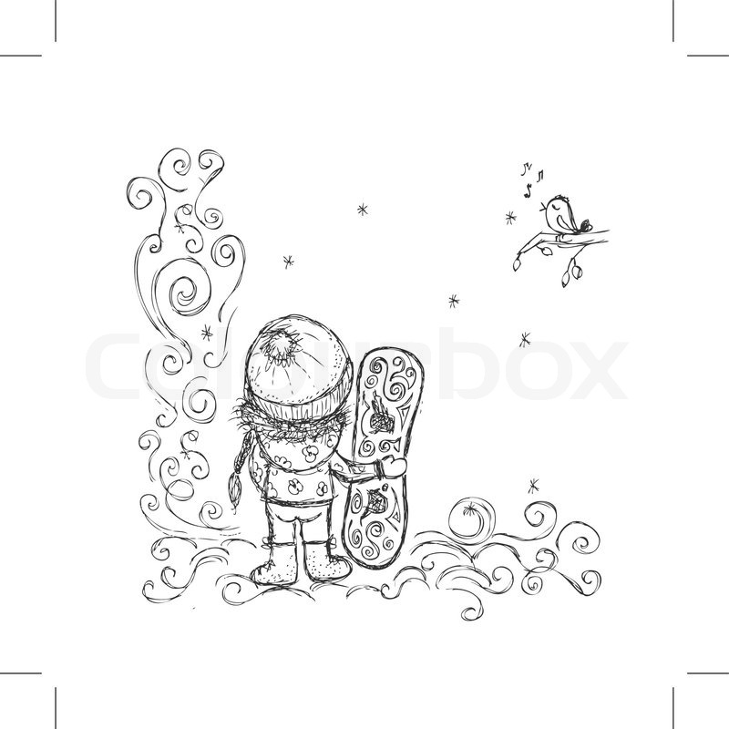 800x800 Cute Girl With Snowboard, Sketch For Your Design Stock Vector - Snowboard Sketch