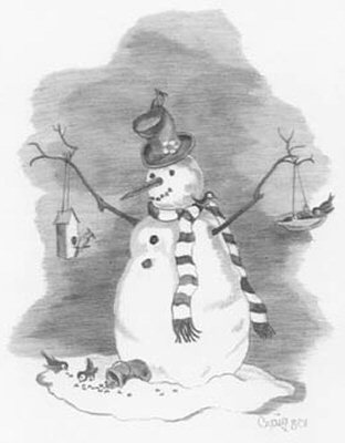 312x400 Bird Lover Snowman Pencil Sketch - Snowman Sketch