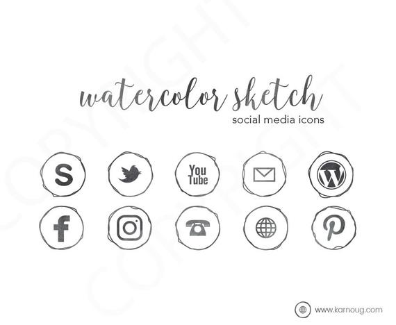 570x468 Sketch Watercolor Social Media Icons Clip Art Downloadable Etsy - Social Icons Sketch