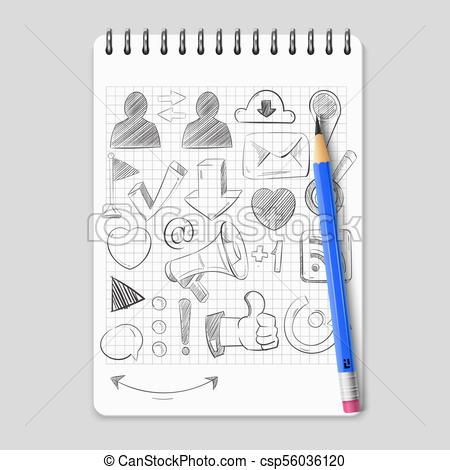 450x470 Hand Drawn Social Media Network Icons On Realistic Notebook - Social Media Sketch