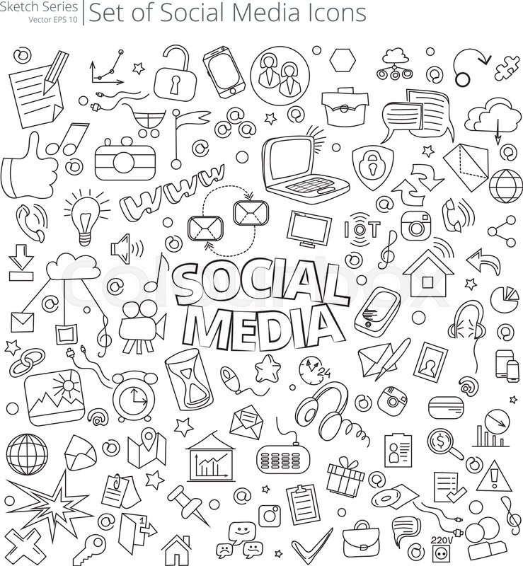 739x800 Vector Illustration Of Large Set Of Social Media Icons And Doodles - Social Media Sketch