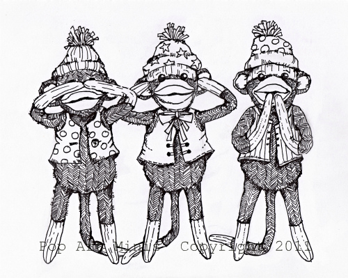 500x399 Pop Art Minis A Silly Sock Monkey Trio...see No Evil , Hear No - Sock Monkey Sketch