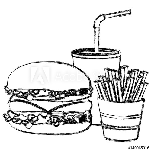 500x500 Monochrome Sketch Of Burger With French Fries And Soda Vector - Soda Sketch