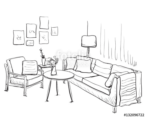 500x405 Room Interior Sketch. Hand Drawn Sofa And Furniture. Stock Image - Sofa Sketch
