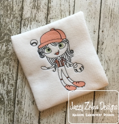 383x400 Swirly Girl Softball Or Baseball Player Sketch Embroidery Design - Softball Sketch