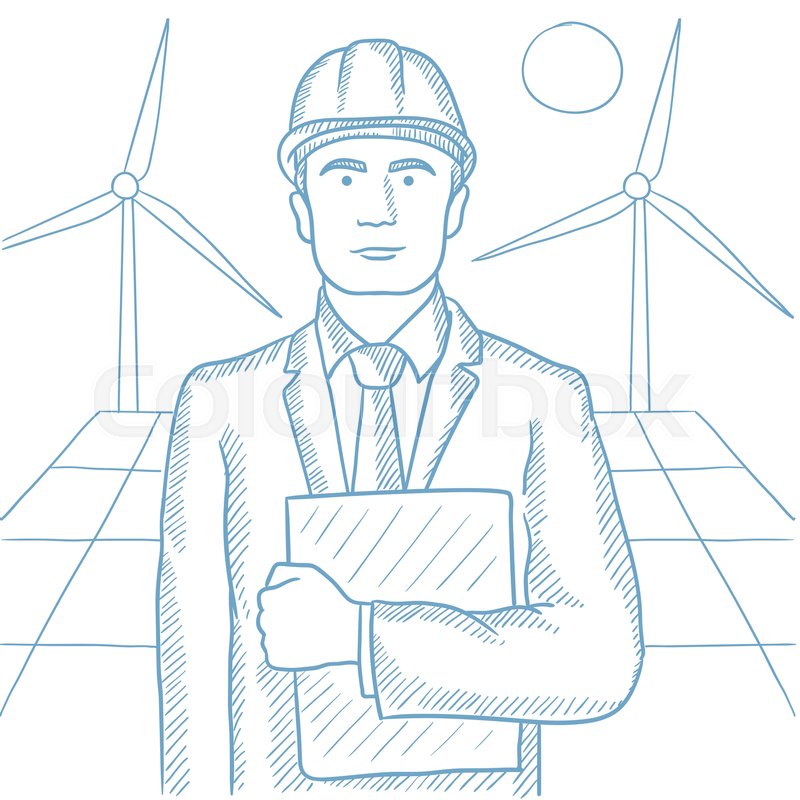800x800 Worker Of Solar Power Plant And Wind Farm. Confident Man With - Solar Energy Sketch