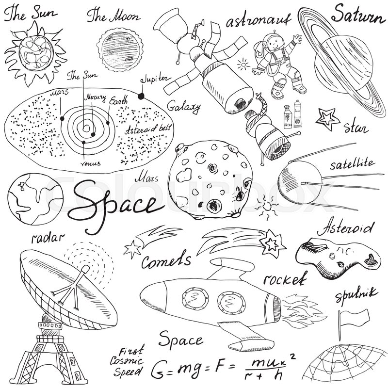 800x800 Space Doodles Icons Set. Hand Drawn Sketch With Solar System - Solar Sketch