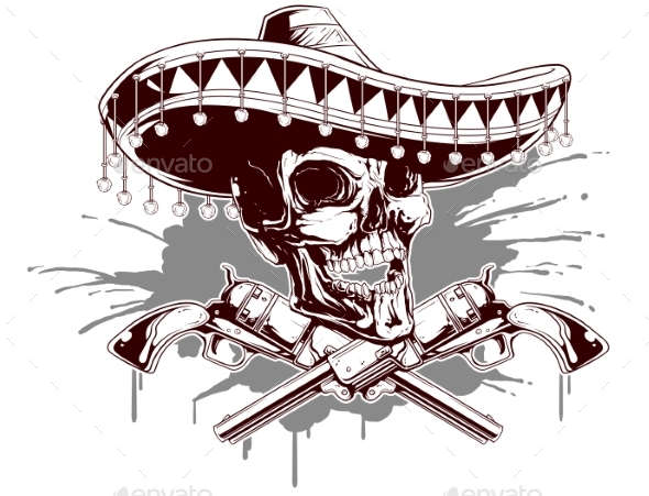 590x451 Skull With Sombrero And Two Revolvers By Gb Art Graphicriver - Sombrero Sketch