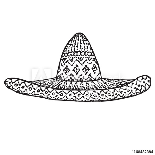 500x500 Sombrero Hat, Hand Drawn Doodle, Sketch In Woodcut Style, Black - Sombrero Sketch