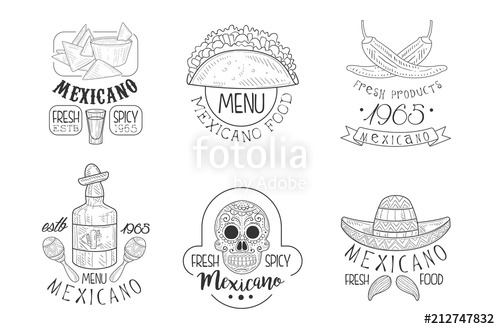 500x329 Vector Set Of Sketch Emblems For Mexican Restaurant. Monochrome - Sombrero Sketch