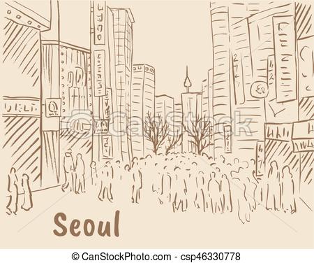 450x376 Hand Drawn Sketch Of Shopping Street - South Korea Sketch