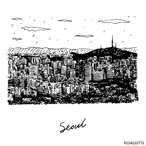 500x500 Seoul City Skyline And N Seoul Tower In Seoul, South Korea. Sketch - South Korea Sketch