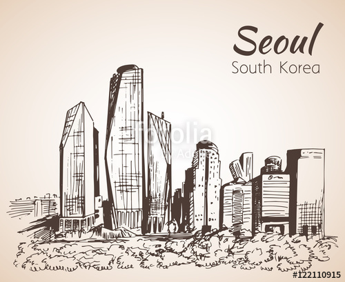 500x409 Seoul Cityscape, Hand Drawn - South Korea Sketch