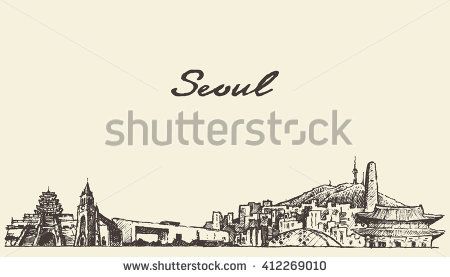 450x277 Seoul Skyline, South Korea, Vintage Engraved Illustration, Hand - South Korea Sketch