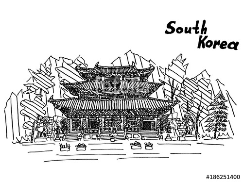 500x375 Sketch Of South Korea With An Inscription Drawing Of A Temple Sk - South Korea Sketch