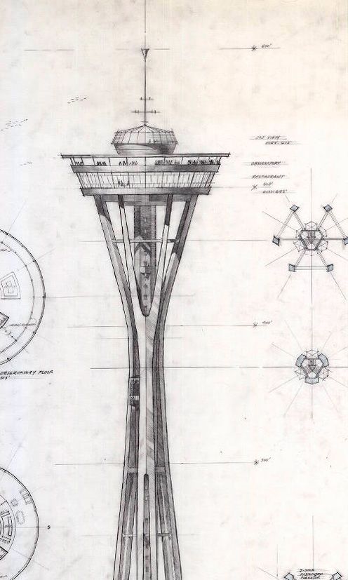 496x827 More Preliminary Designs Of The Space Needle For The 1962 Worlds - Space Needle Sketch