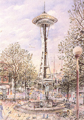 279x400 Seattle Watercolors 12 Blank Note Cards - Space Needle Sketch