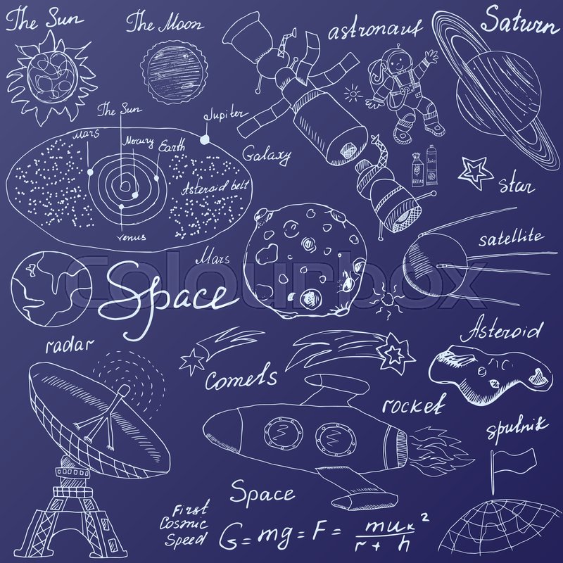 800x800 Space Doodles Icons Set. Hand Drawn Sketch With Solar System - Space Sketch