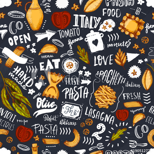 500x500 Italian Pasta Seamless Pattern With Sketch Spaghetti, Olive Oil - Spaghetti Sketch