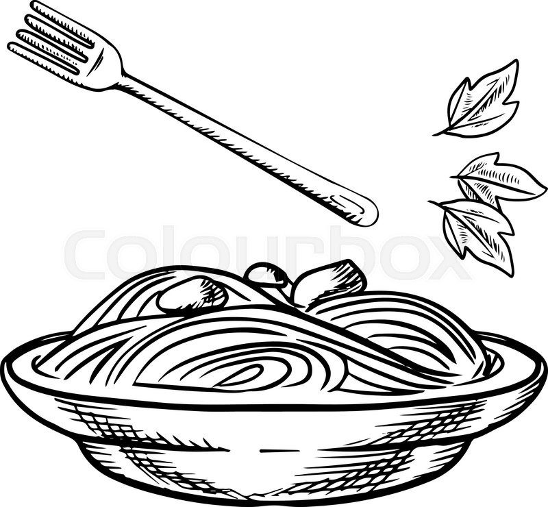 800x740 Italian Pasta With Meatball, Sauce And Basil, Served In Wide Bowl - Spaghetti Sketch