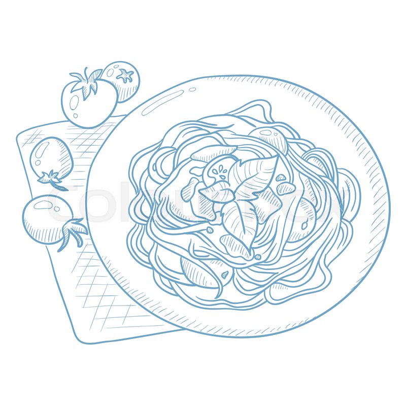 800x800 Spaghetti With Basil And Tomatoes On Plate On Napkin. Spaghetti - Spaghetti Sketch