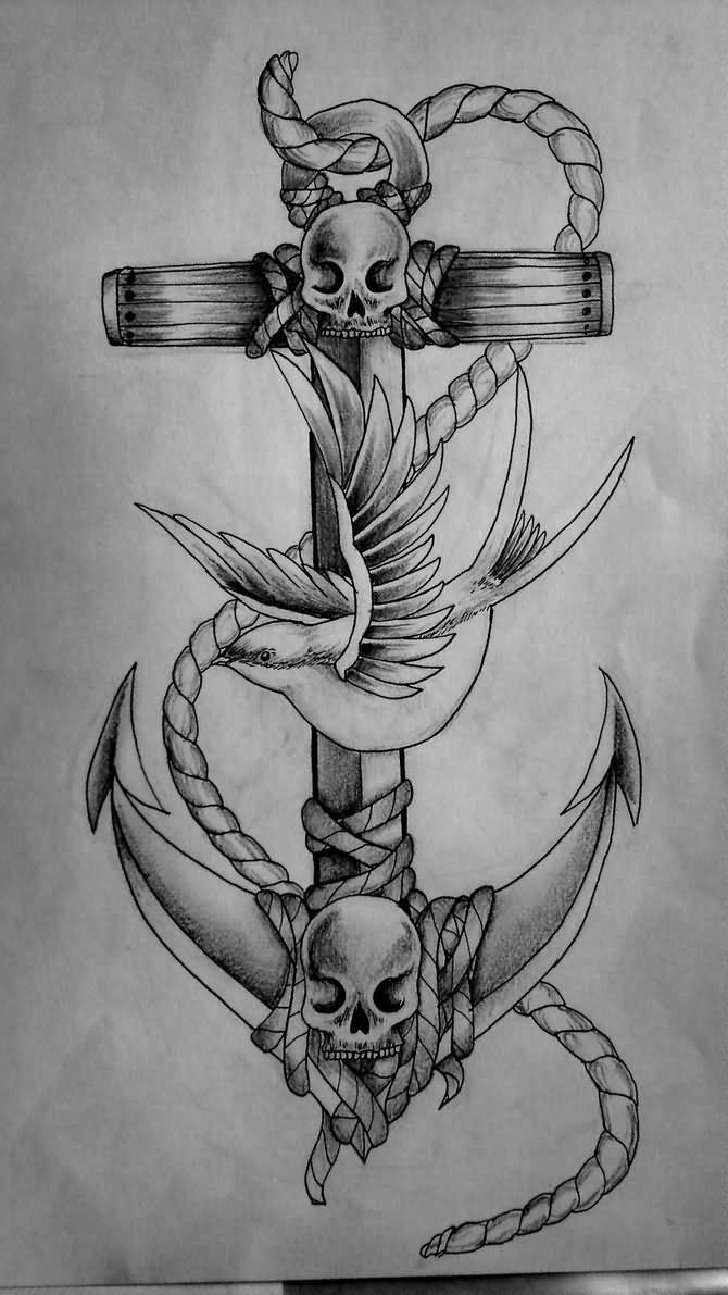 670x1191 Drawn Swallow Anchor - Sparrow Sketch Tattoo