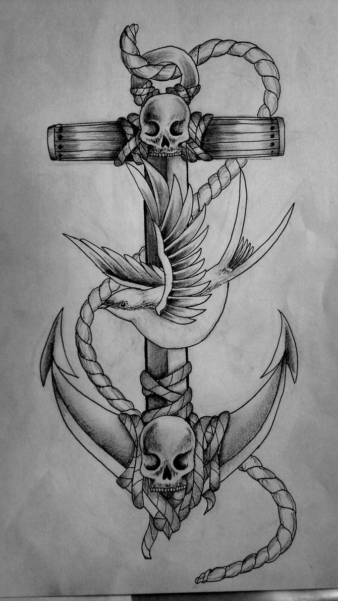 670x1191 Skull Faces Anchor With Sparrow Tattoo Design - Sparrow Sketch Tattoo