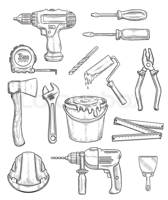673x800 Tool Sketch Set Of Repair And Construction Instrument. Wrench - Spatula Sketch