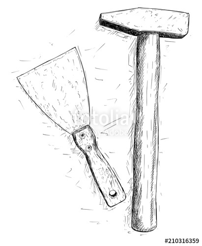 411x500 Vector Artistic Pen And Ink Drawing Illustration Of Hammer And - Spatula Sketch