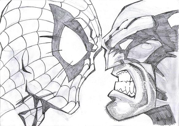 583x413 Drawn Spiderman Black And White - Spiderman Sketch Easy