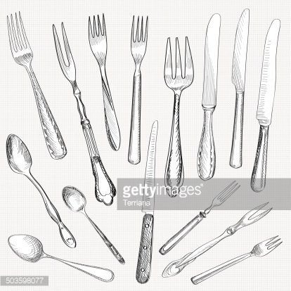 414x414 Fork, Knife, Spoon Hand Drawing Sketch Premium Clipart - Spoon And Fork Sketch