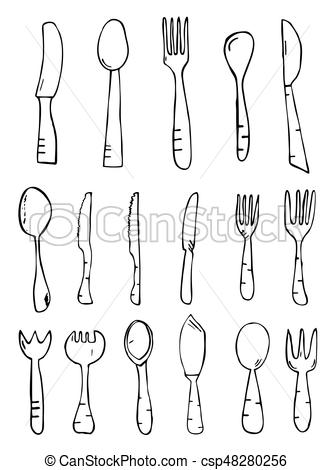 334x470 Spoon Knife Fork. Hand Drawn Isolated Objects. Sketch. Vector - Spoon And Fork Sketch
