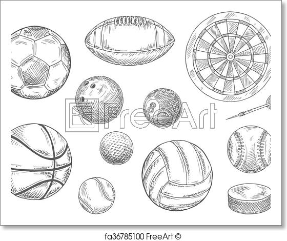 560x470 Free Art Print Of Sporting Items Sketches For Sport Game Design - Sports Sketches
