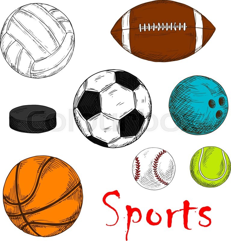 768x800 Colored Sketch Of Sporting Items For Team Games With Ice Hockey - Sports Sketches