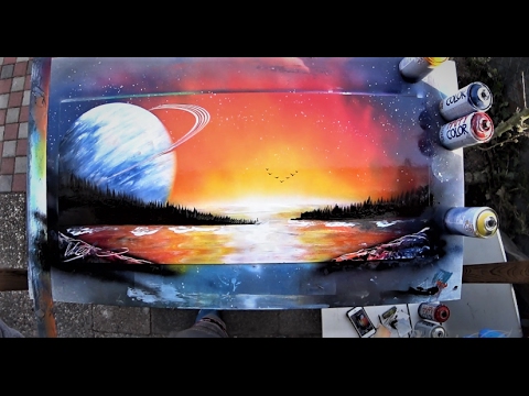 480x360 Saturn On Sunset Spray Paint Art By Skech - Spray Paint Sketch
