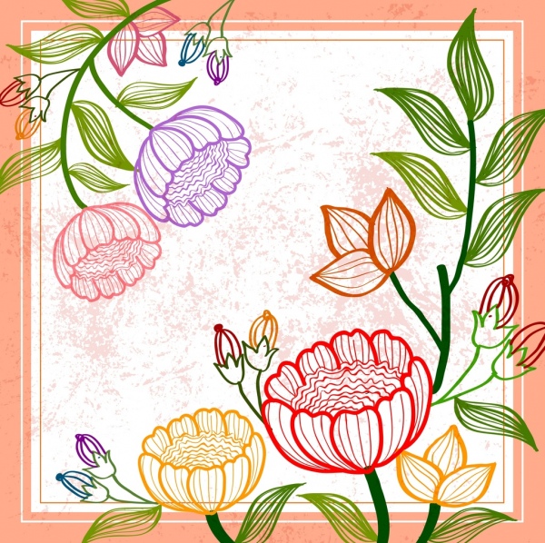 600x598 Spring Background Colorful Flowers Leaves Sketch Free Vector In - Spring Flowers Sketch